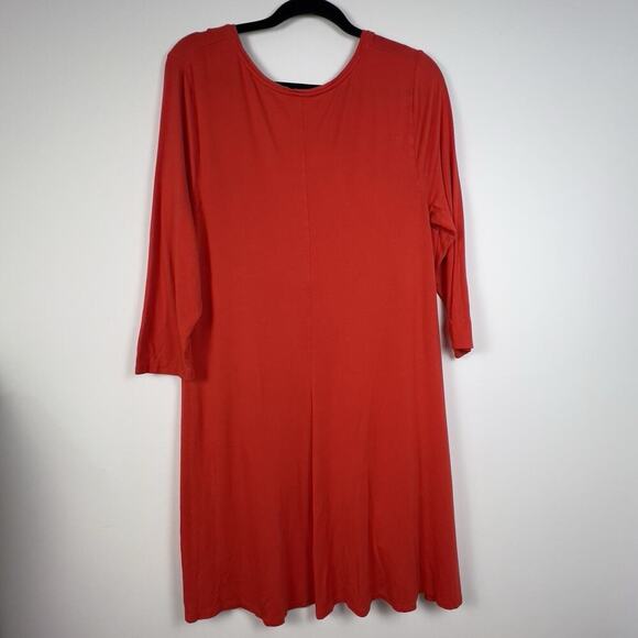 Chico's Red Orange Tunic Top Size 2 Lace Trim Hi-Lo Asymmetrical Hem 3/4 Sleeve - Picture 3 of 8